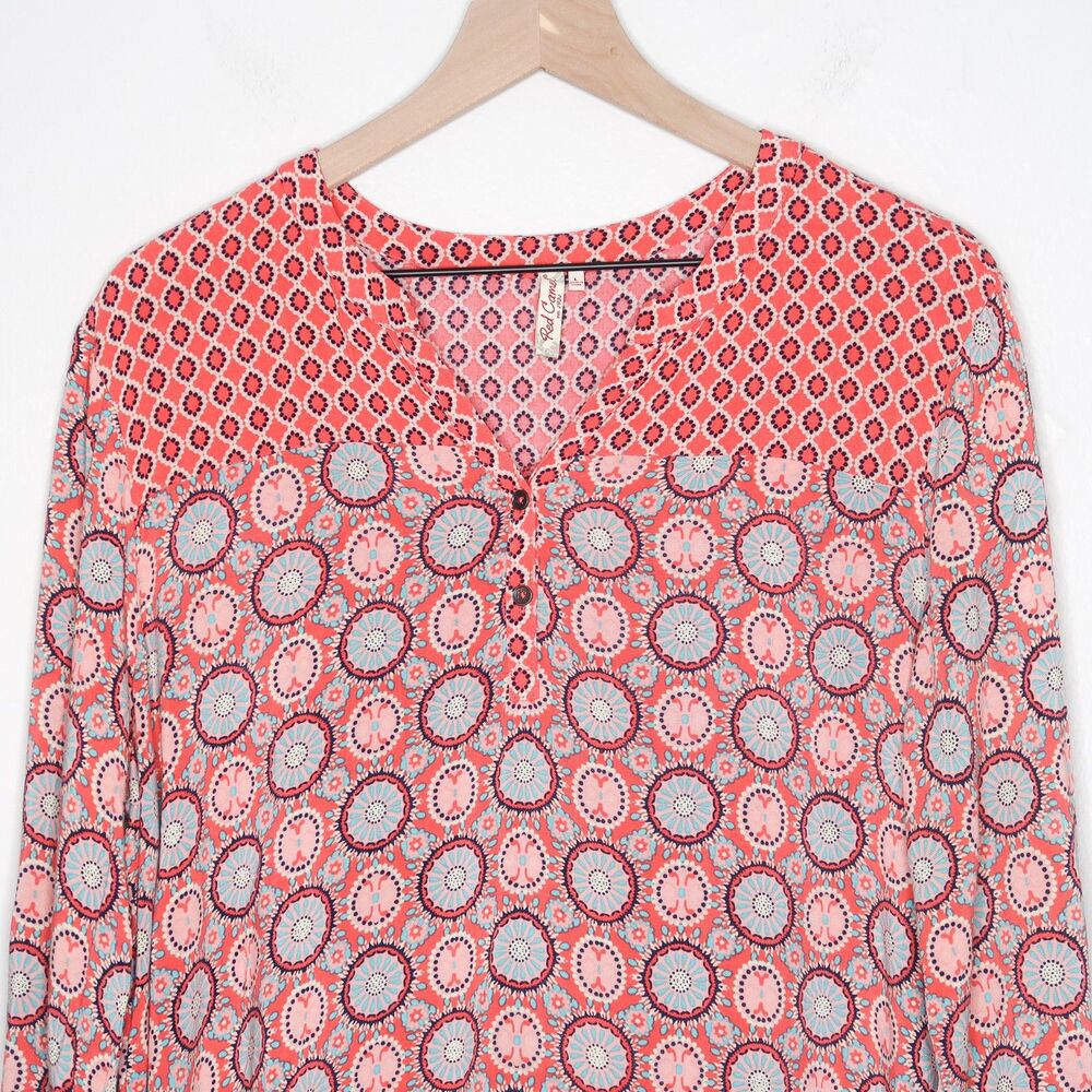 Red Camel Womens Henley Blouse Size Large Pink Blue Boho Popover - Picture 5 of 9